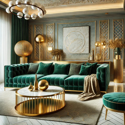 Luxurious living room featuring a statement emerald green velvet sofa, elegant lighting, gold and marble accents, and modern decor.