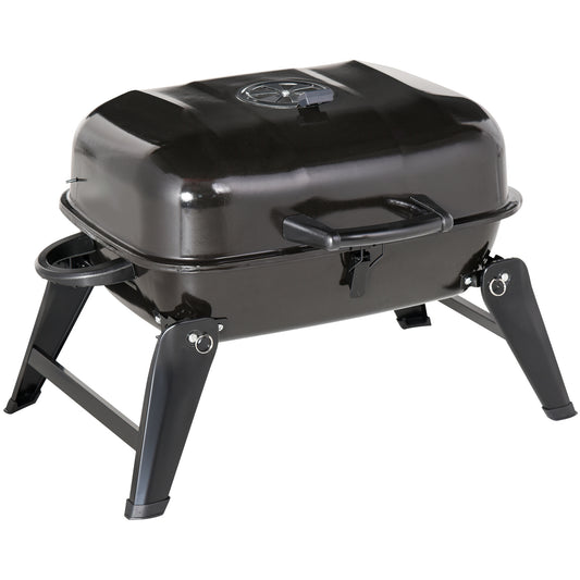 Outsunny 14' Portable Charcoal Grill, Tabletop Small BBQ Grill for Outdoor Cooking, Camping, Tailgating, Enamel Coated, Vent, Folding Legs, Black