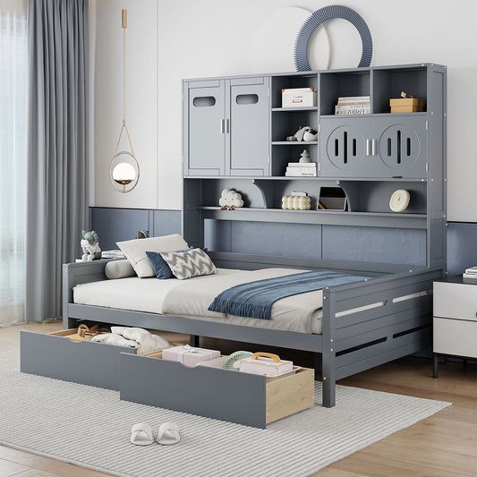 Full Size Wooden Daybed With 2 Drawers, and All-in-One Cabinet and Shelf, Gray