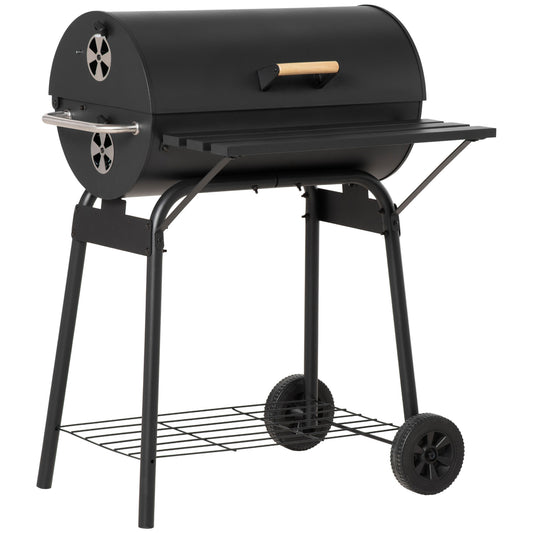 Outsunny 30' Portable Barrel Charcoal BBQ Grill, Steel Outdoor Barbecue Smoker with Storage Shelf, Wheels for Garden Camping Picnic, Black