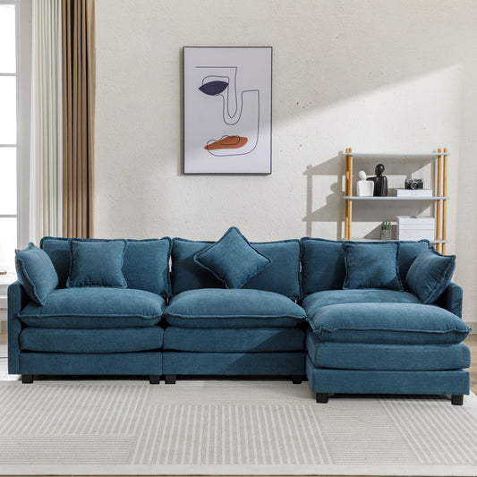 112.2' L-Shape Chenille Upholstered Sofa for Living Room Modern Luxury Sofa Couch with Ottoman, 5 Pillows, Blue