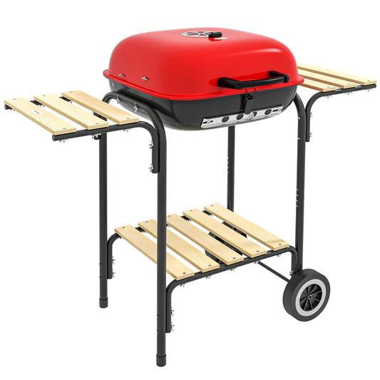 Outsunny 17' Portable Charcoal Grill with Wheels, 2 Side Tables and Bottom Shelf, BBQ with Adjustable Vents on Lid for Picnic, Camping, Backyard, Cooking, Red