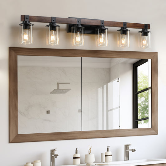 (Same as W1340P155974/L1015-6) 42' Rustic 6-Light Vanity Light, Industrial Bathroom Wall Sconce with Glass Shades and Wood Accent, Modern Farmhouse Lighting Fixture (No Bulbs)