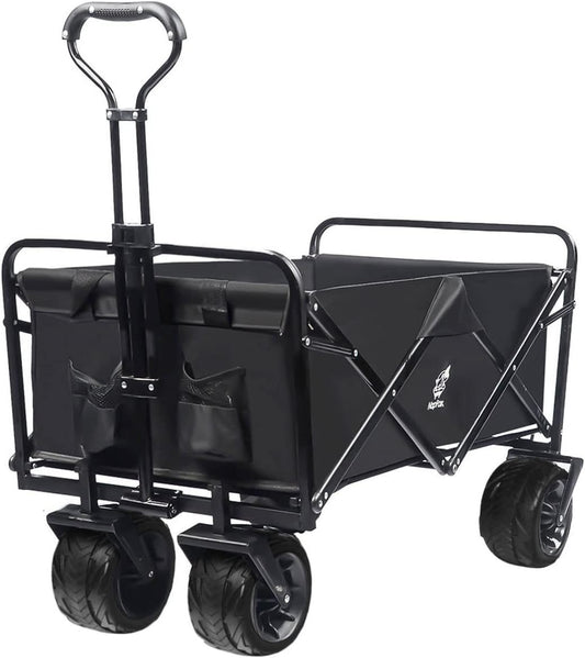 Collapsible Wagon Cart Heavy Duty Foldable Beach Wagon with Big Wheels for Sand All-Terrain Utility Beach Cart for Sand, Outdoor Sports, Garden Camping (Black)