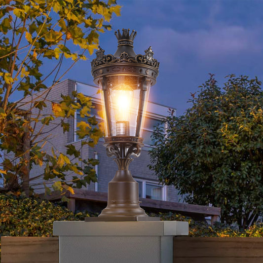 22'(H) Vintage Crown Outdoor Post Lantern, Waterproof Decorative Table Lamp with Clear Glass Shade and Antique Metal Base for Garden, Patio, Porch, Pathway Lighting (One piece&No bulb)