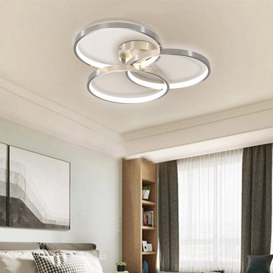 20' Modern LED Ceiling Light Fixture - Circular 3-Ring Design, Dimmable, Contemporary Brushed Nickel Finish for Living Room, Bedroom & Office