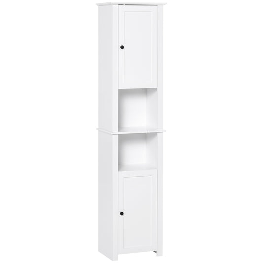 HOMCOM Tall Bathroom Storage Cabinet, Freestanding Linen Tower with 2-Tier Shelf and 2 Cabinets, Narrow Side Floor Organizer, White