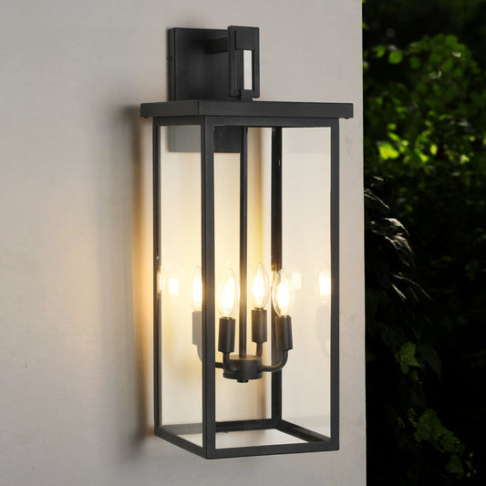 (Same as W1340119951/L1013) 26'(H) 1ps Modern Outdoor Wall Lanterns with Black Metal Frame and Clear Glass, 4 E12 Bulb Socket, Weatherproof Wall Sconces for Porch, Garden, Patio (No Bulbs)