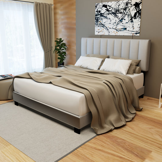 GRAY QUEEN SIZE ADJUSTABLE UPHOLSTERED BED FRAME, VINTAGE STYLE AND CLEAN LINE DESIGN, POPULAR STYLE