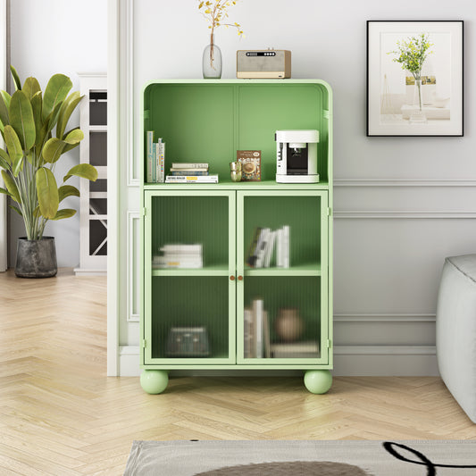 45.28' H Storage Cabinet, Bathroom Floor Cabinet with Glass Door and Shelves,  Freestanding Display Storage Cabinet for Bathroom, Living Room, Kitchen, Home Office,Green