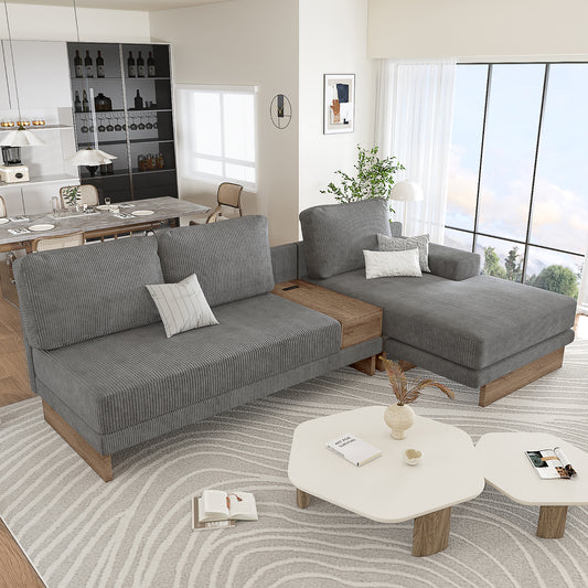 114' L-shaped Sofa Sectional Sofa with Two USB Ports and Two Power Sockets, a Storage Drawer and a Reversible Chaise Lounge for Living Room, Grey