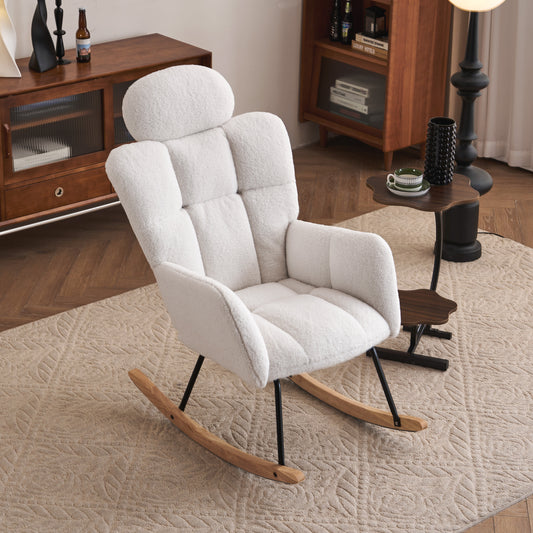 055-Teddy Fabric Upholstered Nursery Rocking Glider Chair Modern Accent Armchair Padded Seat with High Backrest and Pillow for Living Room Bedroom (Ivory)