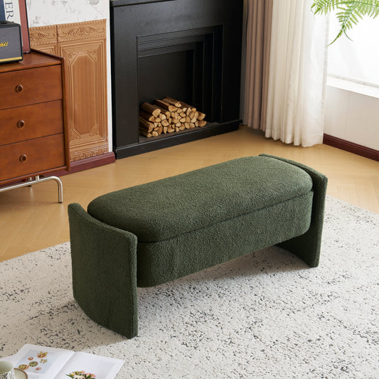 Elegant Long - shaped Storage Ottoman Bench of boucle material with Simple and Grand Design, Dark Green