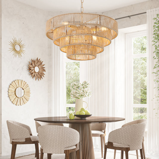 (Same as W1340P155976/L1019-4) 20' Modern 4-Layer Woven Hemp Rope Chandelier, Boho Style Pendant Light, Elegant Hanging Light Fixture for Living Room, Dining Room, Bedroom (No Bulbs)