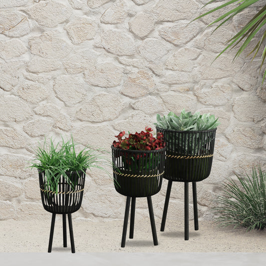 S/3 BAMBOO FOOTED PLANTERS 11/13/15', BLACK