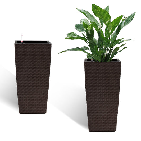 Indoor/Outdoor Modern Faux Rattan Design Square Planter, 22.6 inch Brown Plastic Large Planter with Automatic Watering System for Home and Garden (Brown, 22.6 inch - 2 Pack)