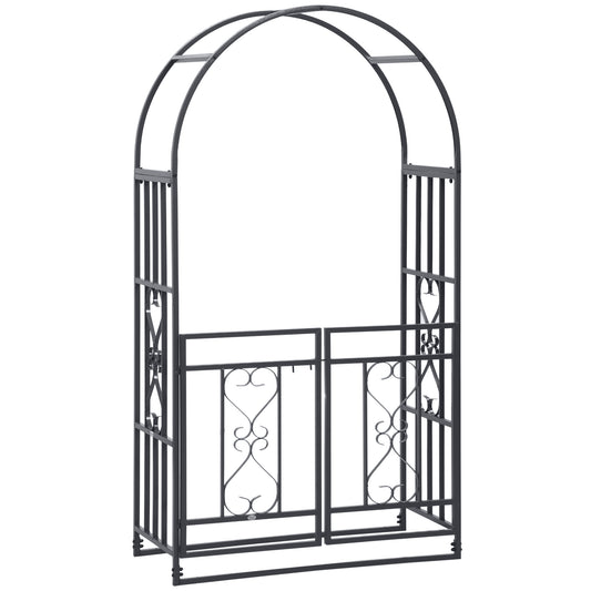 Outsunny 81' Metal Garden Arbor with Double Doors, Locking Gate, Climbing Vine Frame with Heart Motifs, Arch for Wedding, Bridal Party Decoration, Grey