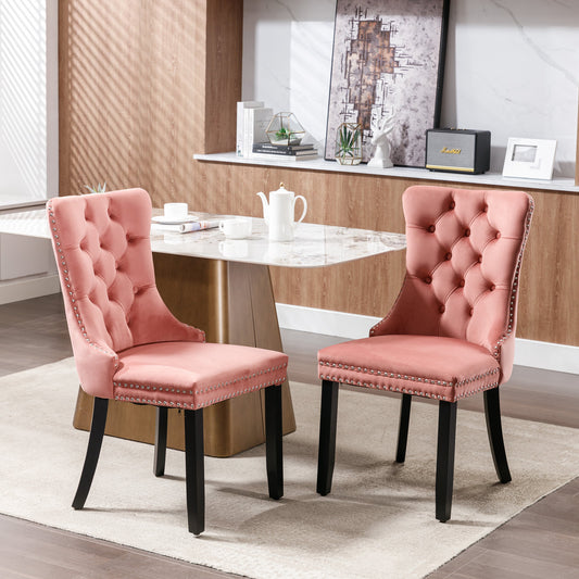 Nikki Collection Modern, High-end Tufted Solid Wood Contemporary Velvet Upholstered Dining Chair with Wood Legs Nailhead Trim 2-Pcs Set,Pink, SW2001PK