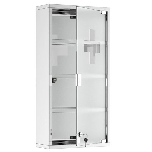 kleankin Wall Mounted Medicine Cabinet, Locking Wall Cabinet with 4 Tier Shelves, Stainless Steel Frame and Glass Door, Lockable with 2 Keys, Silver, 12' x 24'