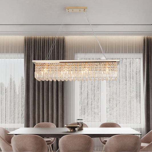 Modern Crystal Chandelier for Dining Room 8-Light Gold Rectangle Raindrop Chandelier Contemporary Rectangular Pendant Light Fixture for Kitchen Island Bar L39.4'' x W9.8'' x H8.7'(Bulb Not Included)