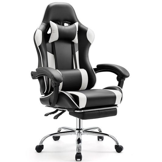 Video Game Desk Chair - Ergonomic Computer with Footrest and Comfy Lumbar Support, PU Leather Recliner with Headrest, Fixed Up Armrest, Height Adjustable with 360° Swivel, for Adults, white