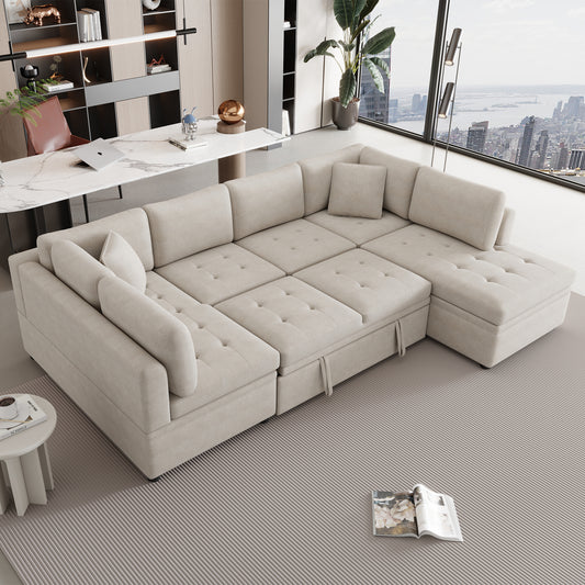 117.3' Oversized Sectional Sofa U- shaped Sofa Couch Pull-out Sofa Bed with Two Throw Pillows for Living Room, Beige