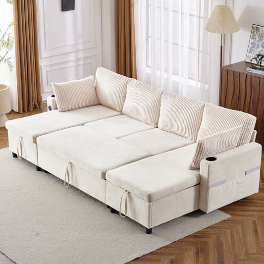 111.8' Sectional Sofa Pull-out Sofa Bed Versatile Sofa Sleeper with Large Storage Space, Two USB Ports and Two Cup Holders for Living Room, Beige