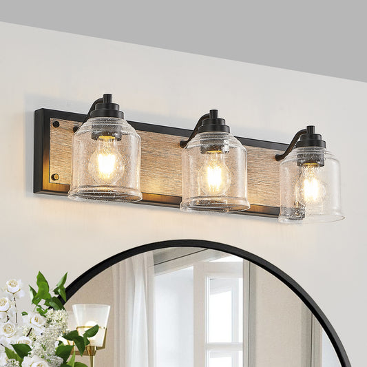 23' Farmhouse Vanity Light Fixture, 3-Light Bathroom Wall Sconce with Clear Seeded Glass Shades, Black and Wood Grain Finish, Modern Industrial Design for Bathroom or Powder Room (No Bulbs)