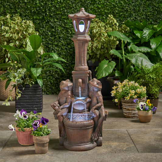 37.25' High Elaine Sapos Fountain, Rustic Multi-Brown, Hand Crafted Resistant Floor Fountain with Light