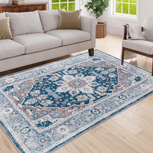 Area Rug 5x7 Vintage Bohemia Large Persian Non-slip Washable Rug For Living Room Kitchen Bedroom Living Room Flower Design Blue