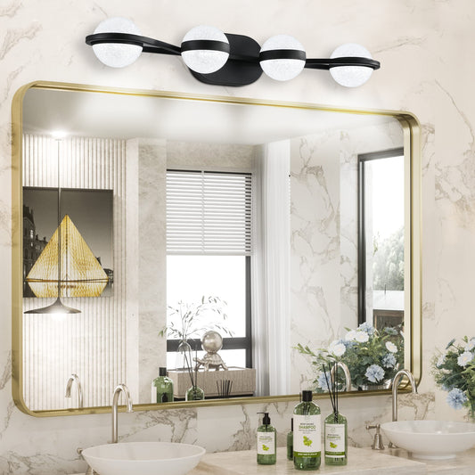 (Same as W1340P143677/L2001-B-4) 30' Black Minimalist LED Bathroom Vanity Light with Crystal Sand Acrylic Shades, 4-Light Wall Mounted Decorative Lighting Fixture, Suitable for Bathroom Vanity Mirror