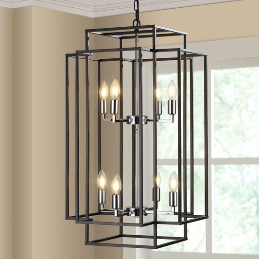 (Same as W1340142525/L1018-C) 18' Modern 8-Light Black & Chrome Geometric Pendant Chandelier, Industrial Metal Frame, Adjustable Hanging Light for Living Room, Dining Room, Kitchen (No Bulbs)