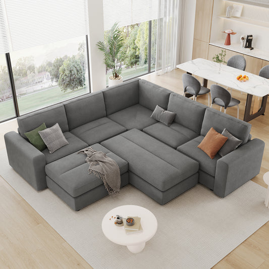 121.3' Sectional Couch Sofa Bed Modular Sofa with Two Movable Ottomans for Living Room (Old SKU:N719S001640E), Gray