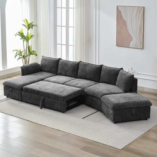 146.9' L-shaped Sofa Sectional Sofa Couch Pull-out Sofa Bed with a Movable Storage Ottoman, a Storage Chaise Lounge and Two USB Ports for Living Room, Grey