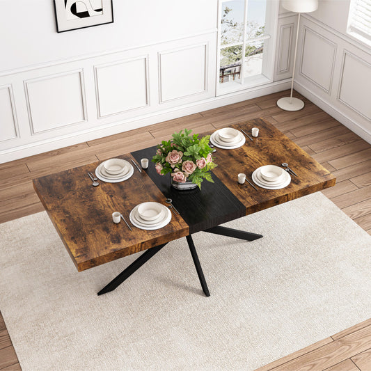 55.11' -70.86'Retro Rectangular Stretch Dining Table, Antique Wood Top And Black Relief Plate, Black Fine Sand Cross Iron Foot Base Dining Table, With Storage Box.