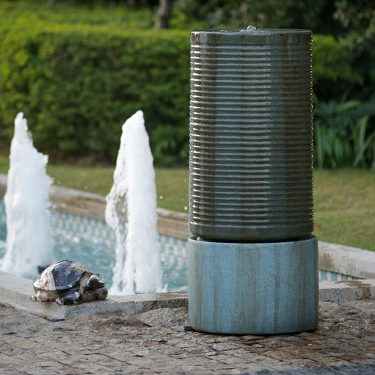 44' Tall Large Round Green Ribbed Tower Water Fountain, Verge Bronze, Cement Outdoor Bird Feeder / Bath Fountain