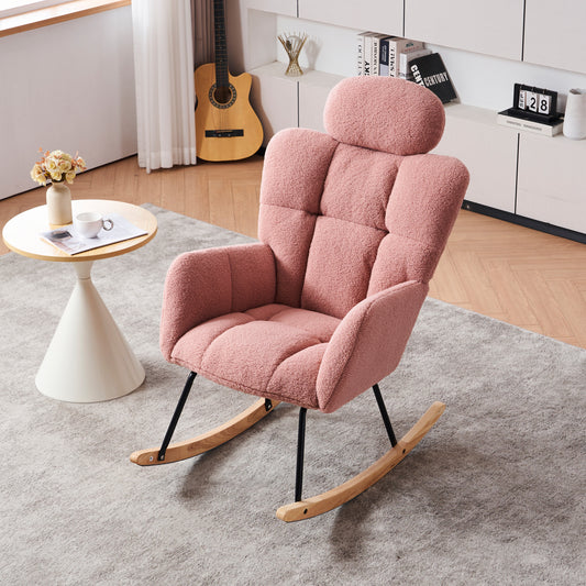 055-Teddy Fabric Upholstered Nursery Rocking Glider Chair Modern Accent Armchair Padded Seat with High Backrest and Pillow for Living Room Bedroom (Pink)