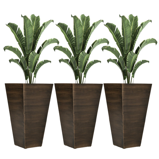 Outsunny 28' Tall Outdoor Planters, Set of 3 Large Taper Planters with Drainage Holes and Plug, Faux Wood Plastic Flower Pots for Outdoor, Indoor, Garden, Patio, Brown