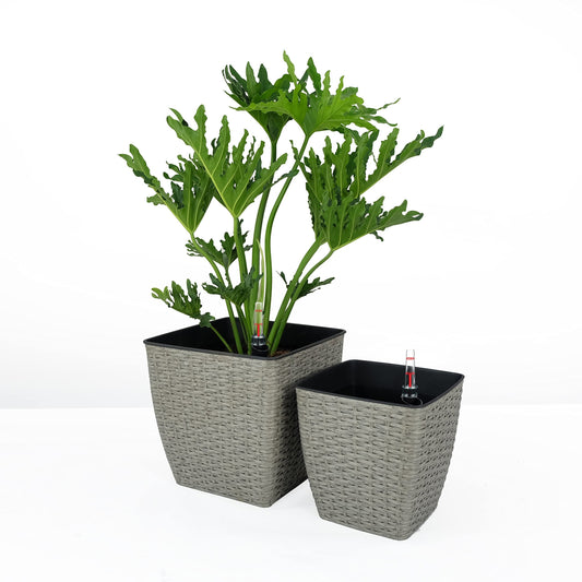 2-Pack Self-watering Planter - Hand Woven Wicker - Thin Square