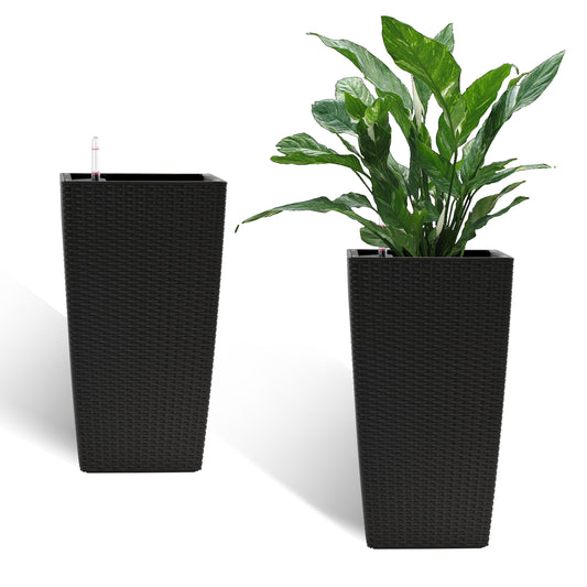 Indoor/Outdoor Modern Faux Rattan Design Square Planter, 22.6 inch Black Plastic Large Planter with Automatic Watering System for Home and Garden (Black, 22.6 inch - 2 Pack)