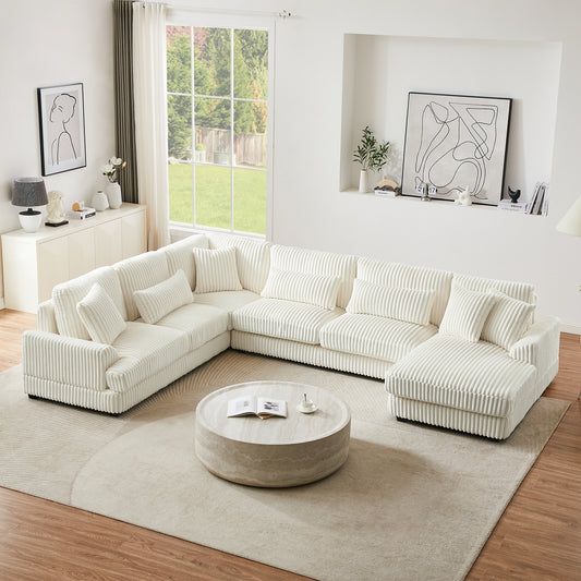 129' Oversized Sectional Sofa U-shaped Sofa Couch Modern Sofa Upholstered in Soft Corduroy with a Chaise Lounge for Living Room, Beige