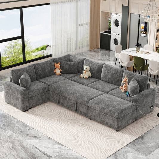 112.2' Sectional Sofa Pull-out Sofa Bed Sleeper with a Storage Ottoman,Three Pillows and Charging Devices for Living Room, Grey