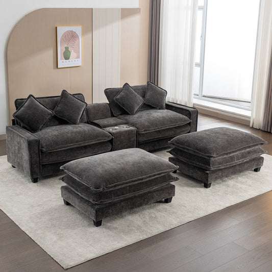 112.6' Sectional Sofa Chenille Upholstered Sofa with Two Removable Ottoman, Two USB Ports, Two Cup Holders and Large Storage Box for Living Room, Dark Grey