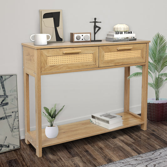 Console Table with 2 Drawers,  Sofa Table, Entryway Table with open  Storage Shelf, Narrow Accent Table with rattan design for Living Room/Entryway/Hallway,  Natural Color