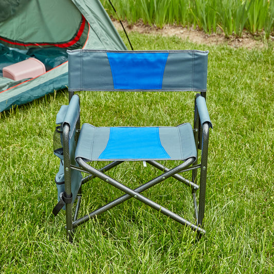 1-piece Padded Folding Outdoor Chair with Storage Pockets,Lightweight Oversized Directors Chair for indoor, Outdoor Camping, Picnics and Fishing,Blue/Grey