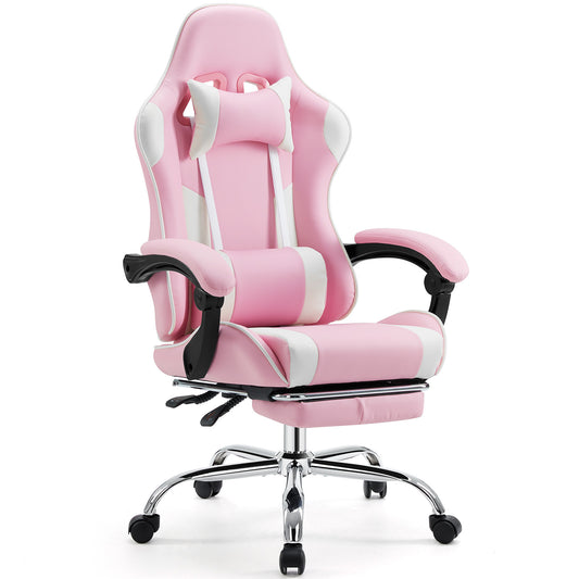 Video Game Desk Chair - Ergonomic Computer with Footrest and Comfy Lumbar Support, PU Leather Recliner with Headrest, Fixed Up Armrest, Height Adjustable with 360° Swivel, for Adults, pink