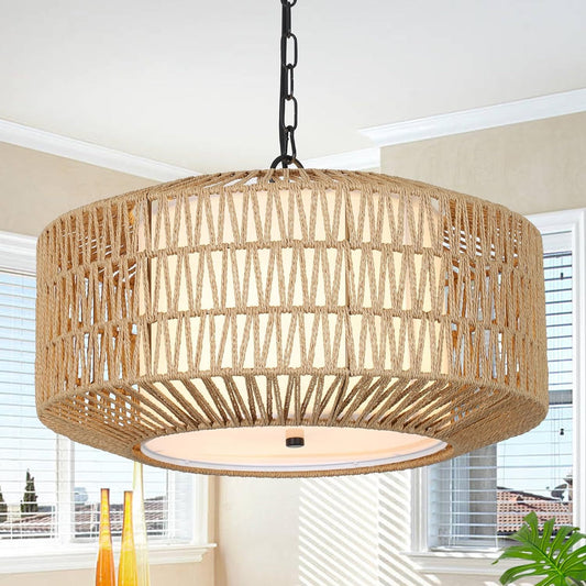 Farmhouse Chandelier Light Fixture,4-Light Rattan Boho Chandeliers for Dining Room with Fabric Shade,Hand Woven Large Rattan Dining Room Light Fixture for Kitchen Bedroom Island Hallway