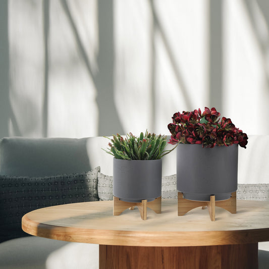 S/2 8/10' PLANTER W/ WOOD STAND, MATTE GRAY