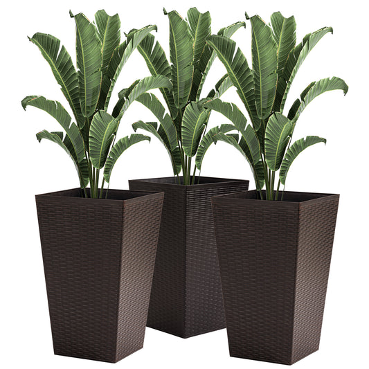 Outsunny Set of 3 Tall Planters with Drainage Hole, Outdoor Flower Pots, Indoor Planters for Porch, Front Door, Entryway, Patio and Deck, Brown