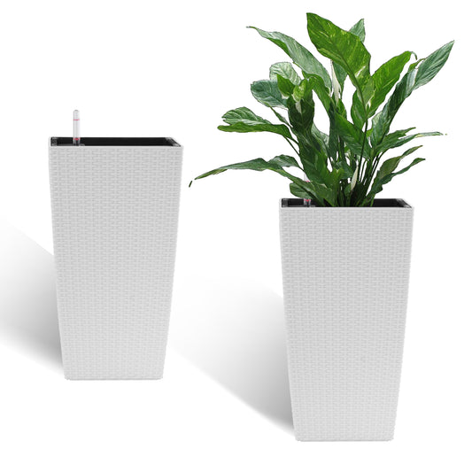 Indoor/Outdoor Modern Faux Rattan Design Square Planter, 22.6 inch White Plastic Large Planter with Automatic Watering System for Home and Garden (White, 22.6 inch - 2 Pack)